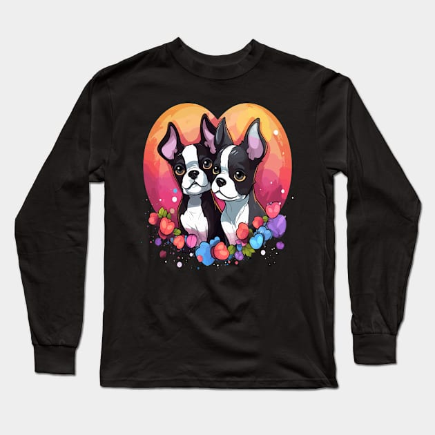 Boston Terrier Couple Valentine Long Sleeve T-Shirt by JH Mart